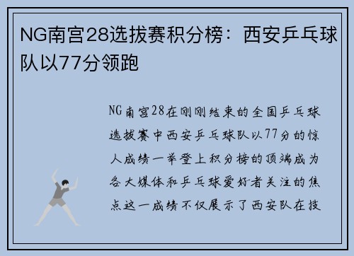 NG南宫28选拔赛积分榜：西安乒乓球队以77分领跑