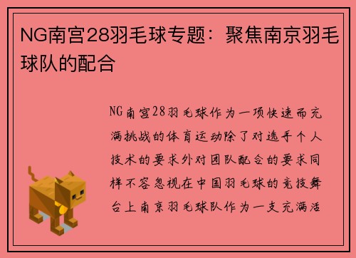 NG南宫28羽毛球专题：聚焦南京羽毛球队的配合