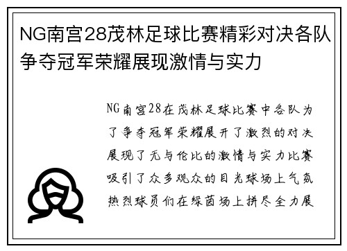 NG南宫28茂林足球比赛精彩对决各队争夺冠军荣耀展现激情与实力
